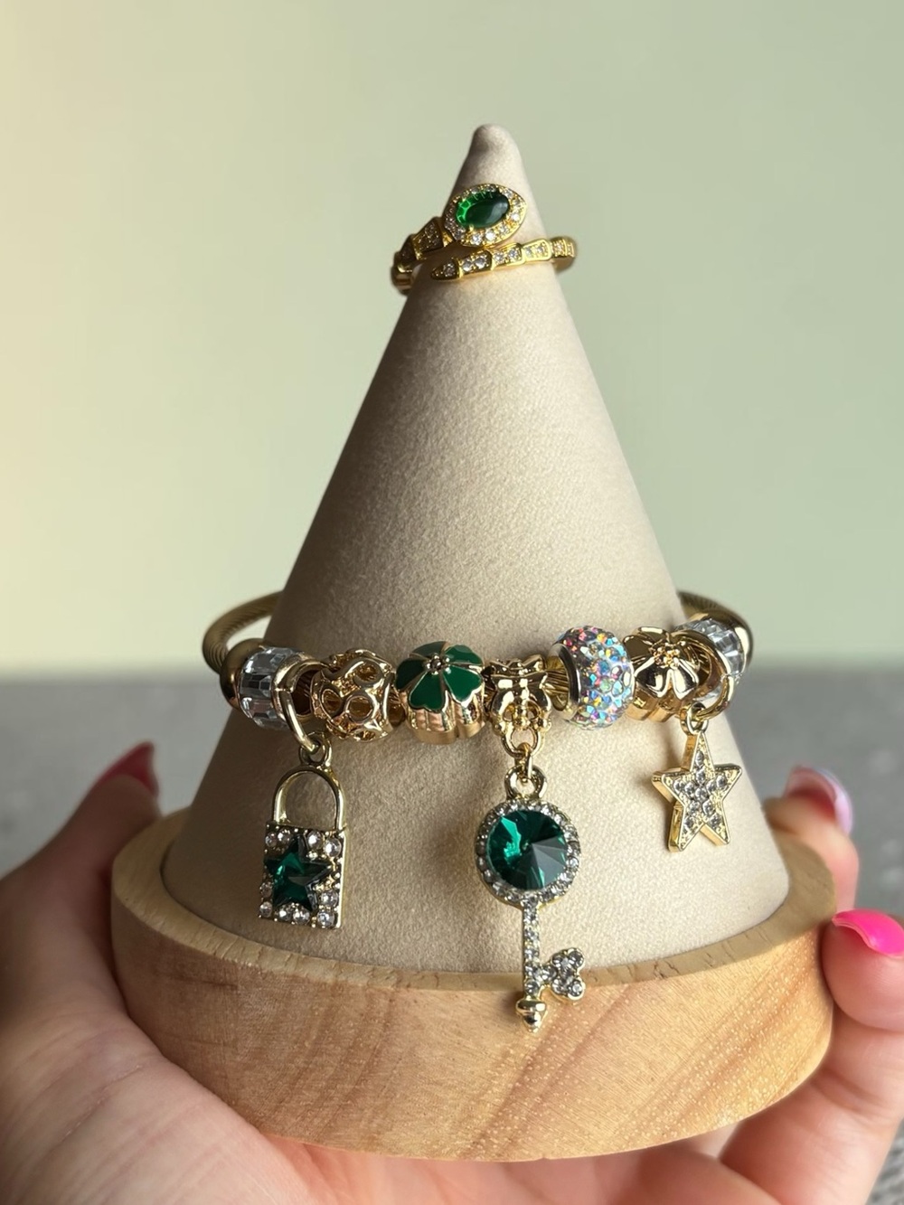 Gold-Tone Green Crystal Charm Bracelet & Ring Set